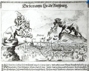 A cidade de Augsburgo forçada a aceitar a Dominação Católica em 1629 (gravura) (foto bw) de German School