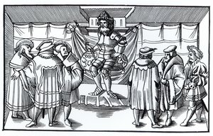 O Tribunal de um Barão, depois de uma xilogravura em Cosmographie Universelle de Munster, publicou 1552 de German School