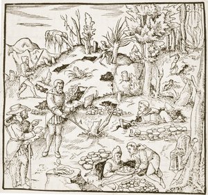 The Divining Rod, de Bergwerk Buch, de Georg Agricola, Frankfurt 1580, ilustrado em History of Magic, publicado no final do século XIX de German School