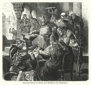 O Imperador Carlos Magno rodeado de estudiosos e membros do clero (gravura) de German School