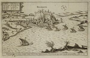A queda de Belgrado para os turcos em 1521, ilustração de um livro sobre as campanhas otomanas na Europa, gravado por Paul Furst (c.1605-66) de German School