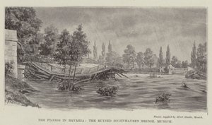 As Inundações na Baviera, a Ponte Bogenhausen em Ruínas, Munique (litho) de German School