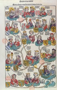 A Genealogia de Heinrich der Vogler (876-936) de Liber Chronicarum por Hartmann Schedel (1440-1514) 1493 (cor xilogravura) de German School
