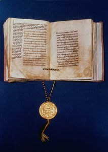 O Touro Dourado de Carlos IV, Sacro Imperador Romano, 1400 (pergaminho e ouro) de German School