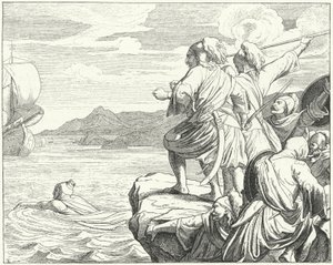 O Santo Imperador Romano Otto II escapando dos gregos após sua derrota na Batalha de Stilo, 982 (gravura) de German School