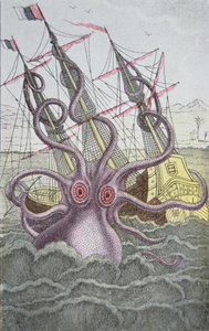 O Kraken arrasta para baixo um navio (gravação colorida) de German School