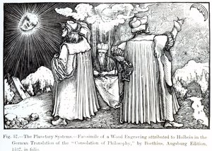 Os Sistemas Planetários, de The Consolation of Philosophy de Boethius, publicado em 1537, ilustração de Ciência e Literatura na Idade Média e Renascença, escrito e gravado por Paul Lacr de German School