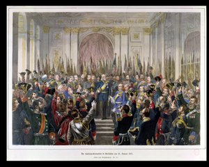 A Proclamação de Wilhelm como Kaiser do novo Reich Alemão, no Salão dos Espelhos de Versalhes em 18 de janeiro de 1871, 1871 (gravura a cores) de German School