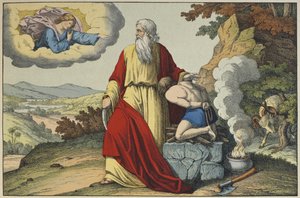 O Sacrifício de Isaac por Abraão, ilustração de LAncien Testament, publicado por Jakob Ferdinand Schreiber, Esslingen (gravura a cores) de German School