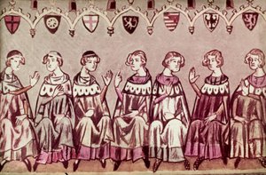 Os Sete Príncipes Eleitores que elegem Henrique VII, Sacro Imperador Romano, ilustração da Crónica de Henrique VII (Balduineum) 1341 (ink & color om vellum) de German School