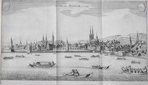 A cidade de Zurique, na Suíça, do Volume II de Itinera Alpina, de Johann Jacob Scheuchzeri, publicou 1706 de German School