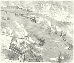 A frota da União atacando Fort Jackson e Fort St Philip, Louisiana, Guerra Civil Americana, 1862 de German School