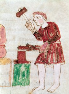 O ferreiro batendo ferro em uma bigorna em miniatura do manuscrito “” De Universo ”” de German School