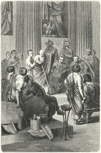 O cego Appius Claudius Caecus falando no Senado Romano contra Cineas, o embaixador de Pirro de Epiris, 279 a.C. (gravura) de German School