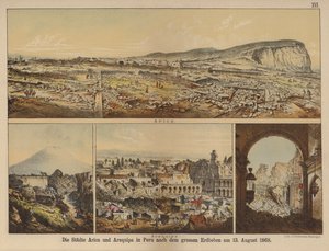 As cidades de Arica e Arequipa no Peru após o grande terremoto de 13 de agosto de 1868 (cor litho) de German School