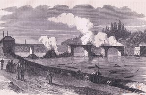 A defesa de Paris - Queimando a Ponte de Asnieres, Cassells História da Guerra entre a França e a Alemanha publicada por Cassell and Company Limited, c.1890 (litho) de German School