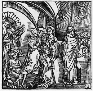 Os diabos transcrevem a tagarelice dos comerciantes durante a missa - em "Der Ritter von Turn" do cavaleiro Marquard vom Stein 1498 de German School