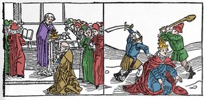 O martírio de São Fabien (século III), Papa torturado então decapitado, sob o reinado do Imperador Engraving de "Leben der Heiligen - sommerteil" (O livro do santo) de Jacobus (Tiago) de Voragine (1228-1298). Lubeck 1488. de German School