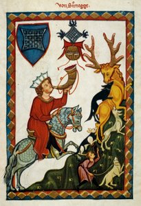 Os prazeres da caça: O Rei Radin de Hohenstaufen, Rei da Sicília (Itália) e Jerusalém (Israel) com o nome de Conrado II, Duque da Suábia com o nome de Conrado III e Rei dos Romanos com o nome de Conrado V (1252-1268) caça veados. Iluminat de German School