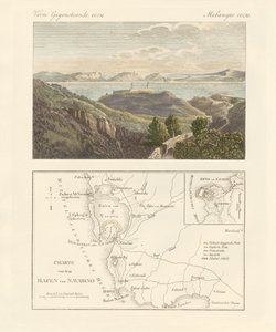 O porto e a cidade de Navarino (gravura colorida) de German School