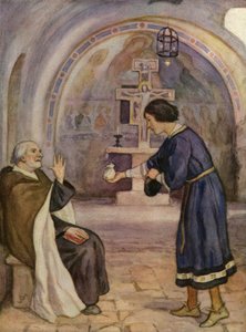O padre de São Damião rejeita a oferta de São Francisco para reparar a sua igreja (litografia a cores) de German School