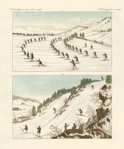 O regimento de patinadores na Noruega (gravura colorida) de German School