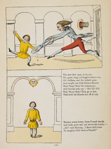 A história do pequeno chupa-uma-pesquisa. Conrad, um rapazinho que chupa os polegares, manda cortá-los pelo homem-tesoura, um alfaiate (gravura colorida) de German School