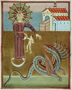 A mulher vestida com o sol sendo atacado pelo dragão com sete cabeças, fac-símile do Apocalipse de Bamberg de German School