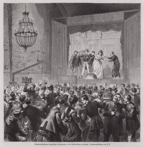 Actuação teatral de prisioneiros franceses da Guerra Franco-Prussiana em Pleissenburg, Leipzig, Alemanha (gravura) de German School