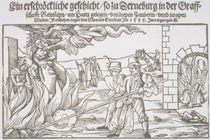 Três bruxas queimadas, ilustração de panfleto de German School