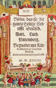 Página de rosto da Bíblia de Lutero, c.1530 (xilogravura colorida) de German School