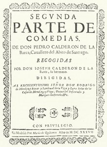 Página de título do segundo de quatro volumes das Comédias de Calderon, publicado em 1637 (gravura) de German School