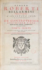 Página de título de De Controversiis de Robert Bellarmine, edição publicada em Colônia em 1620 (impresso) de German School