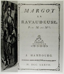 Página de título de "Margot la Ravaudeuse" (1750) de M. de M. (Louis Charles Fougeret de Monbron 1706-1761), publicada em Hamburgo de German School