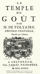 Página de título da primeira edição do escritor e filósofo francês Voltaire, Le Temple du Gout de German School