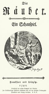 Página de título da primeira edição da peça de Friedrich Schiller Die Rauber (Os Assaltantes) de German School
