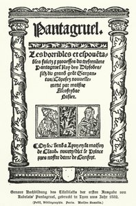 Página de título da primeira edição de Pantagruel, do autor francês François Rabelais, impressa em Lyon em 1532 (litho) de German School