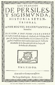 Página de título da primeira edição do romancista espanhol Miguel de Cervantes, Los trabajos de Persiles y Sigismunda (As obras de Persiles e Sigismunda) de German School