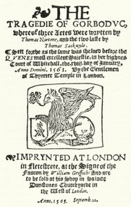Página de título da primeira edição de The Tragedie of Gorboduc (1565), de Thomas Norton e Thomas Sackville (gravura) de German School