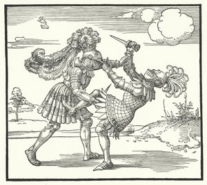 Dois cavaleiros lutando a pé (gravura) de German School