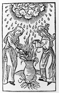 Duas bruxas preparando uma poção, convocando uma tempestade de granizo - grav. de lanijs et phitonicis mulieribus", Colônia de German School