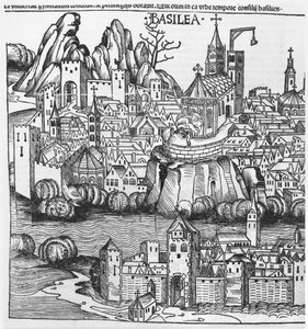 Vista de Basileia, ilustração da Crónica de Nuremberg por Hartmann Schedel (1440-1514) 1493 de German School