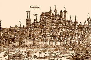 Vista de Nurnburg, da "Crónica do Mundo" de Hartmann Schedel (gravura) de German School