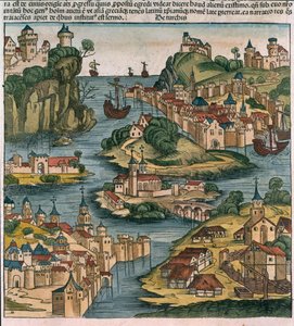 Vista do Bósforo entrando do Mar Negro, do Nuremberg Chronicle por Hartmann Schedel (1440-1514) 1493 (xilogravura) de German School