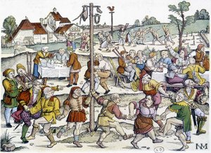 Dança de aldeia em torno do matte de cocagne - imagens alemãs do século XVI de Nikolaus Meldemann de German School