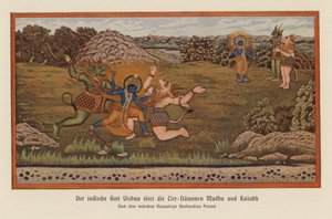 Vishnu a matar os demónios Madhu e Kaitaba (litografia a cores) de German School
