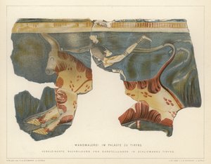 Pintura de parede do palácio de Micenas em Tiryns, Grécia, escavada pelo arqueólogo alemão Heinrich Schliemann (cor litho) de German School