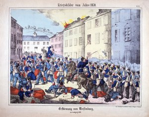 Guerra de 1870: A Captura de Wissembourg (Batalha de Weissenburg) entre os soldados do exército prussiano e os franceses, em 4 de agosto de 1870 de German School