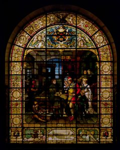 William Caxton mostrando seu primeiro livro impresso para Edward IV e sua esposa, Elizabeth Woodville em 1477, por Mayer and Co., empresa sediada em Londres com sede em Londres, c.1880 (vitral) de German School