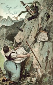 Mulher que apanha homem a cair da montanha (cor litho) de German School